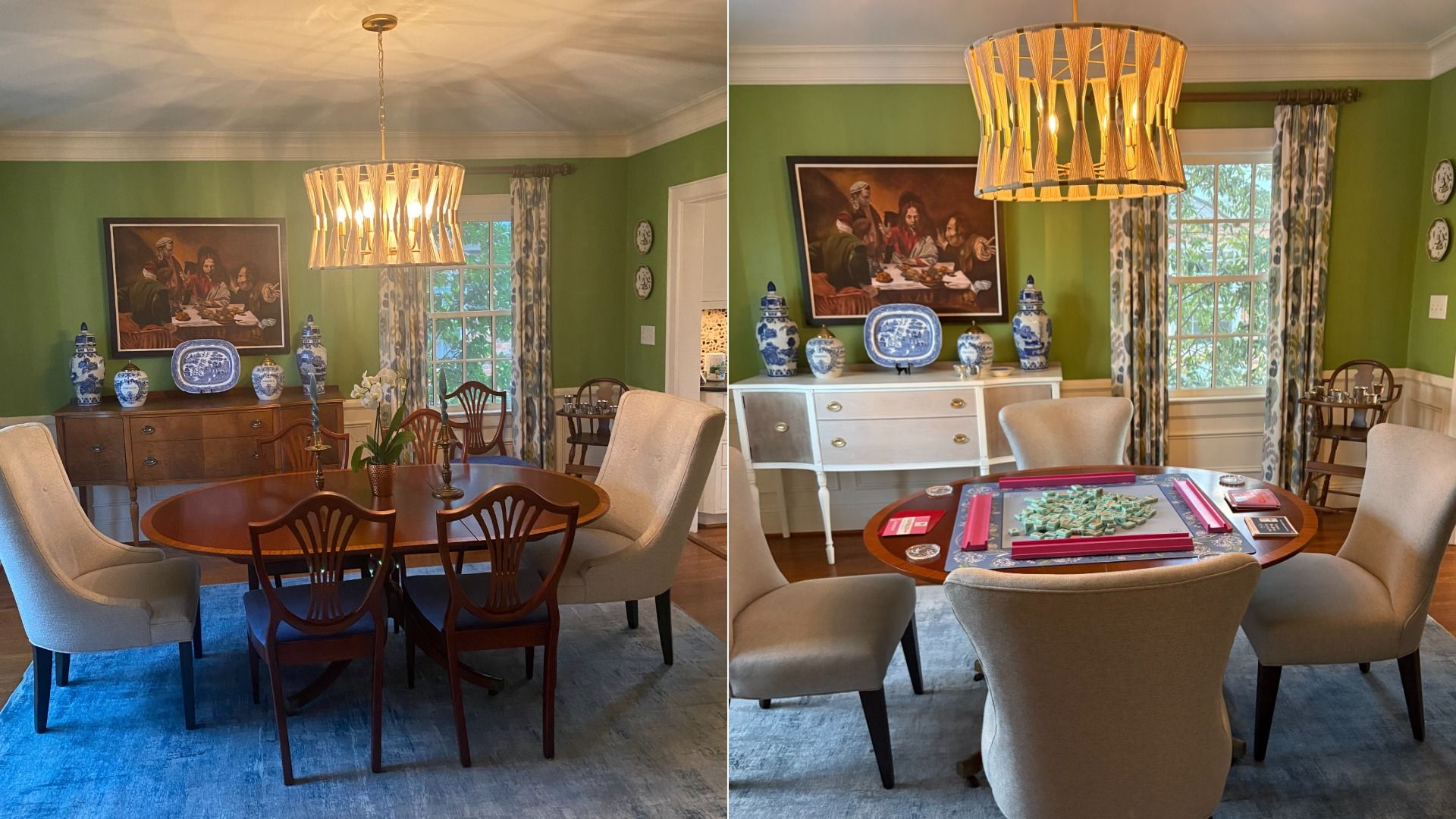 Two views of a green-walled dining room with a wooden table, beige chairs, blue rug, patterned curtains, blue and white vases on a sideboard, a painting above, and a chandelier overhead.