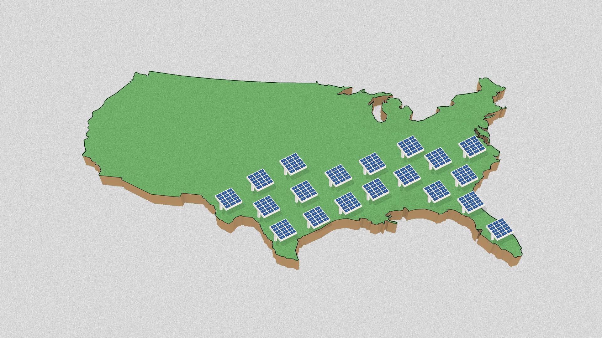 Illustration of the United States with solar panels clustered around the southern states. 
