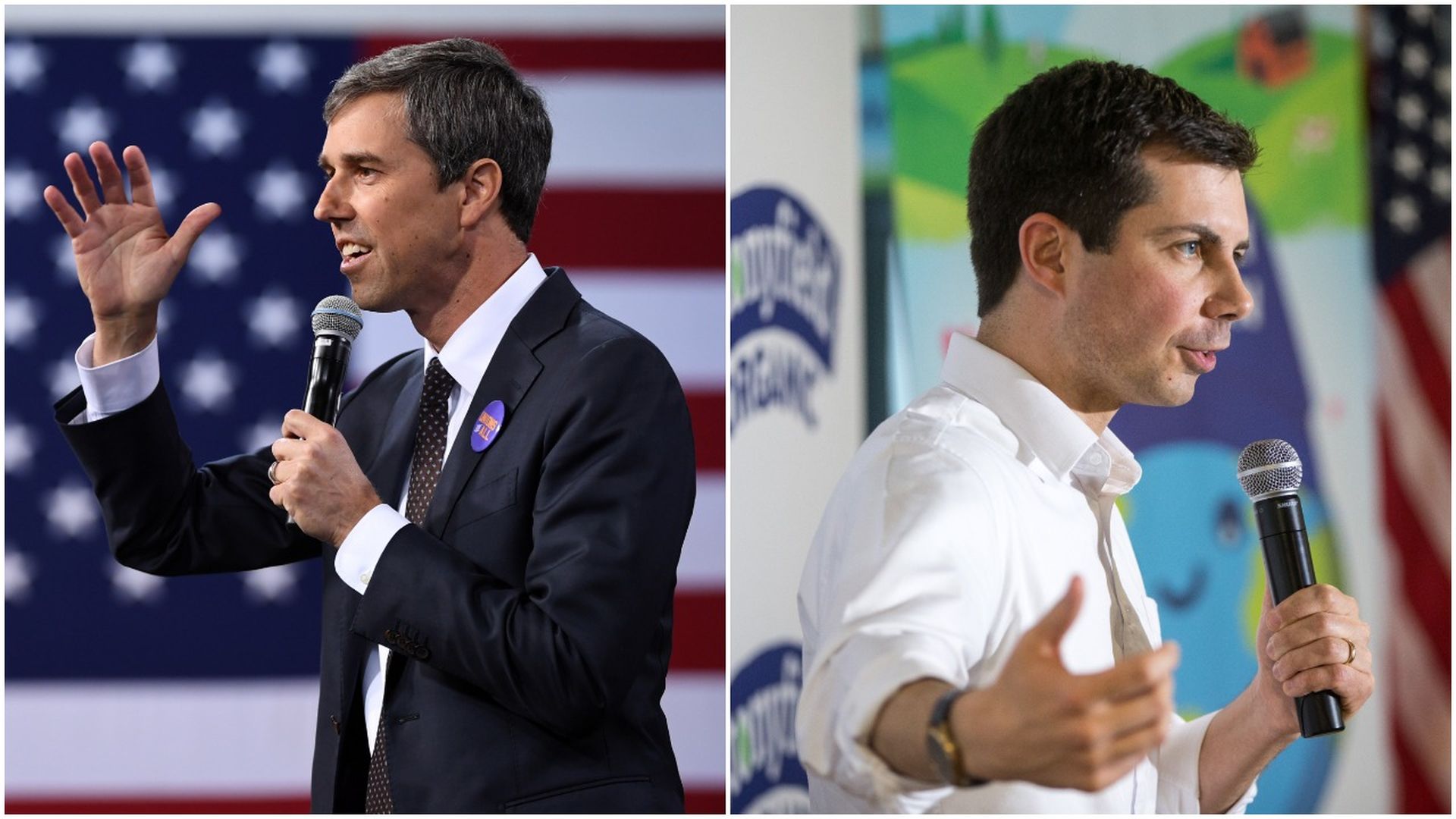 This image is a split screen of Beto and Buttigieg, who are both facing away from each other and speaking into microphones.