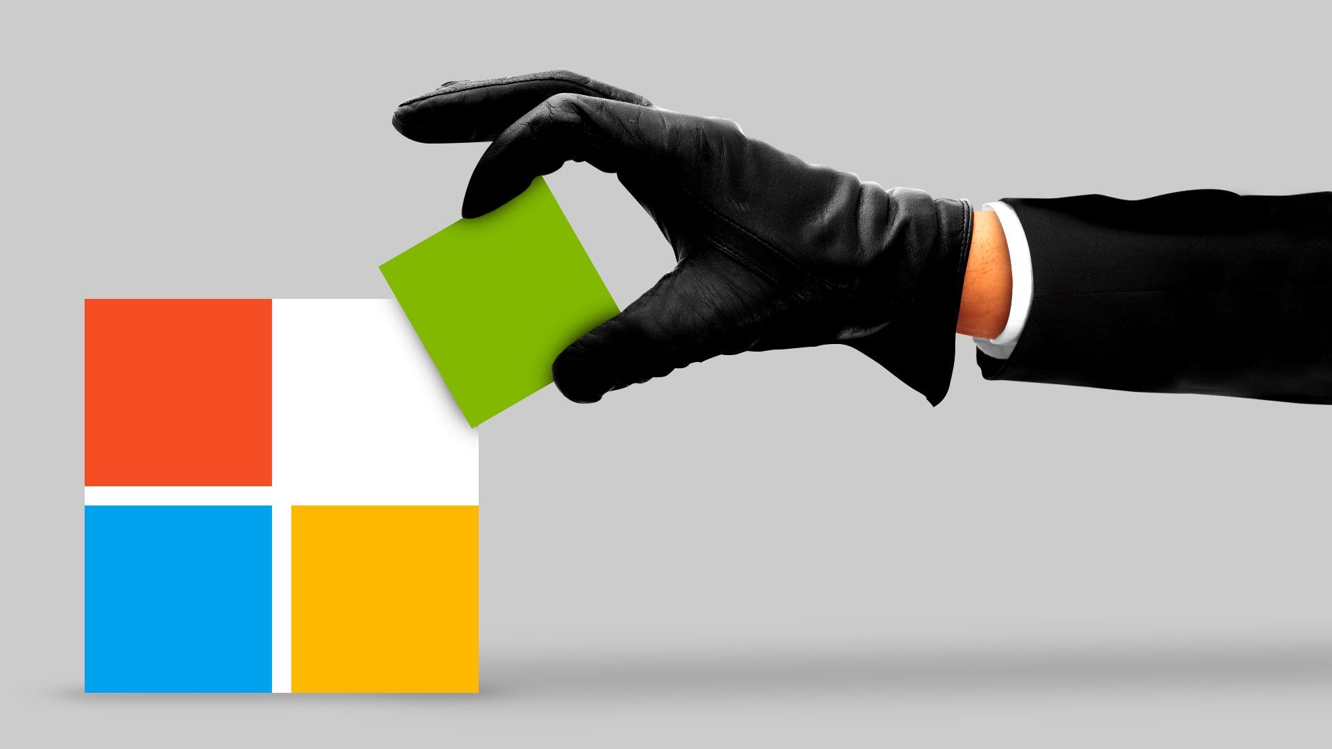 Illustration of a robber's hand taking away a block of the Microsoft logo. 