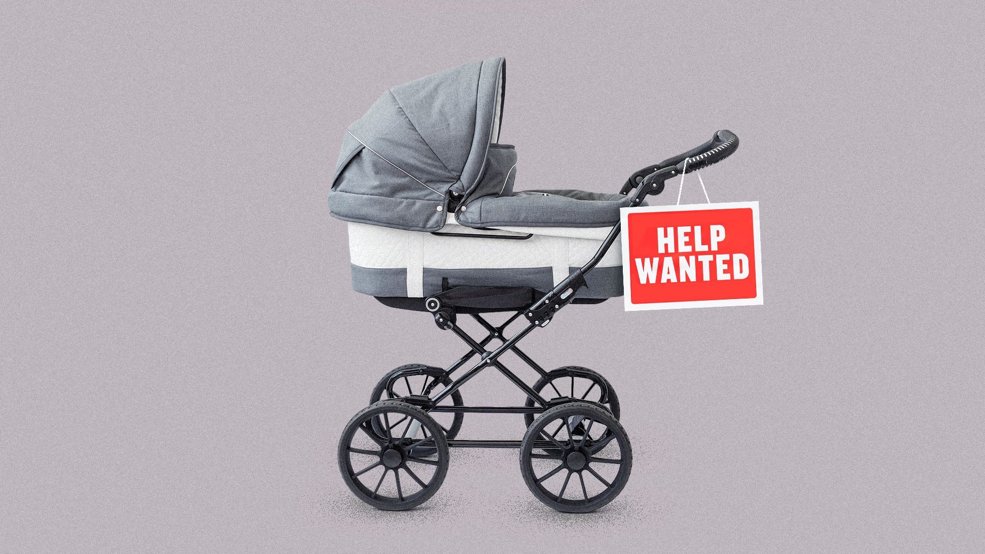 Illustration of a stroller with a "help wanted" sign hanging from the push handle. 