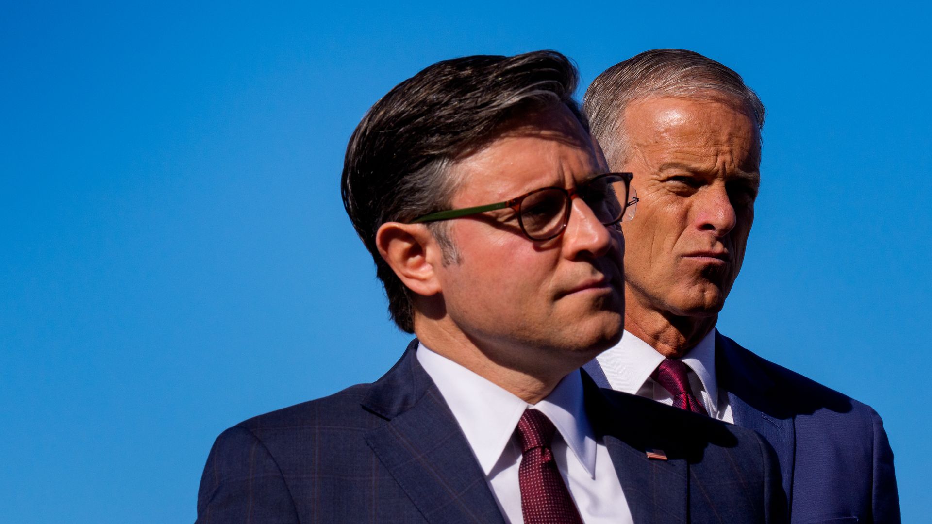 Speaker Johnson and Leader Thune at a news conference outside the Capitol