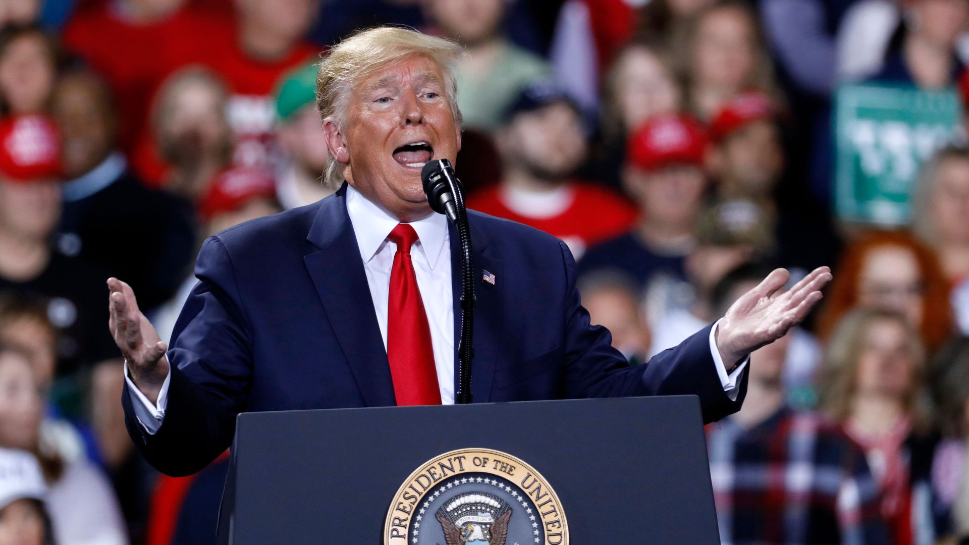 President Donald Trump speaks during a Keep America Great Rally at Kellogg Arena December 18, 2019, in Battle Creek, Michigan.