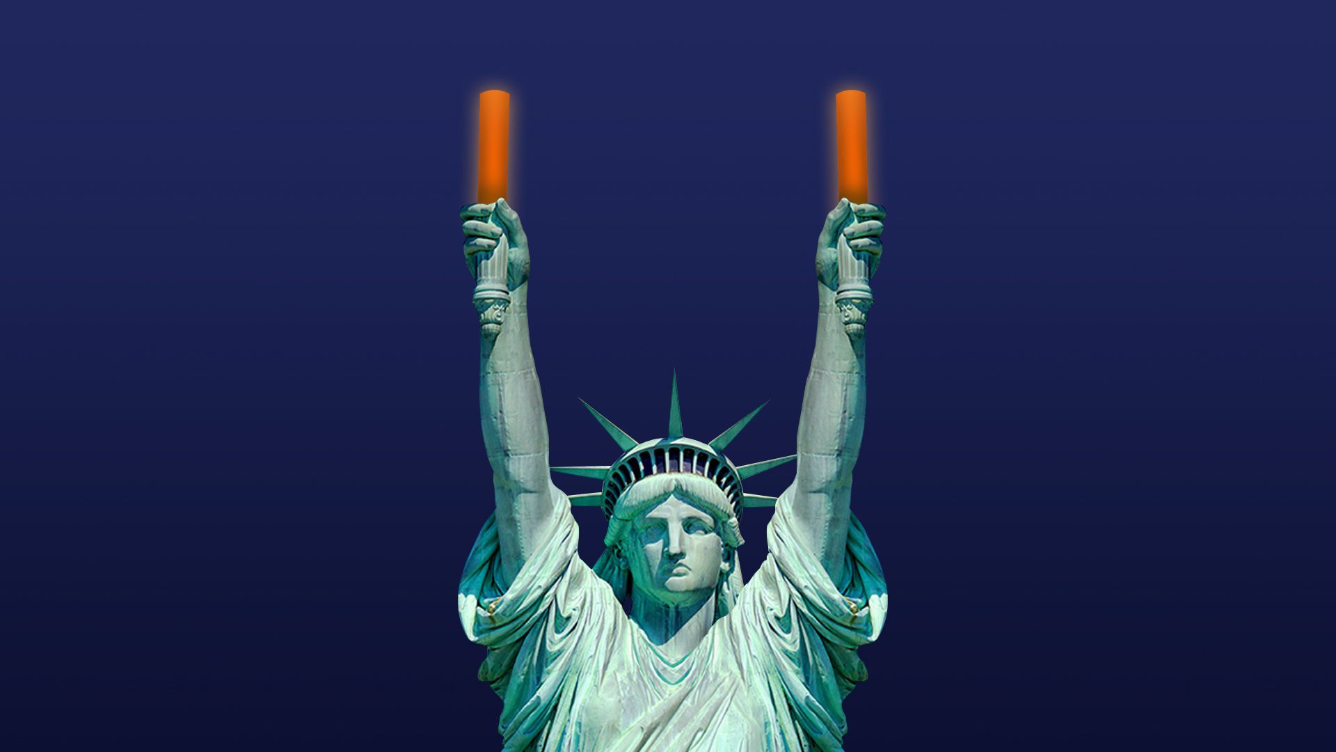 Illustration of the statue of liberty holding up lit batons to direct a plane