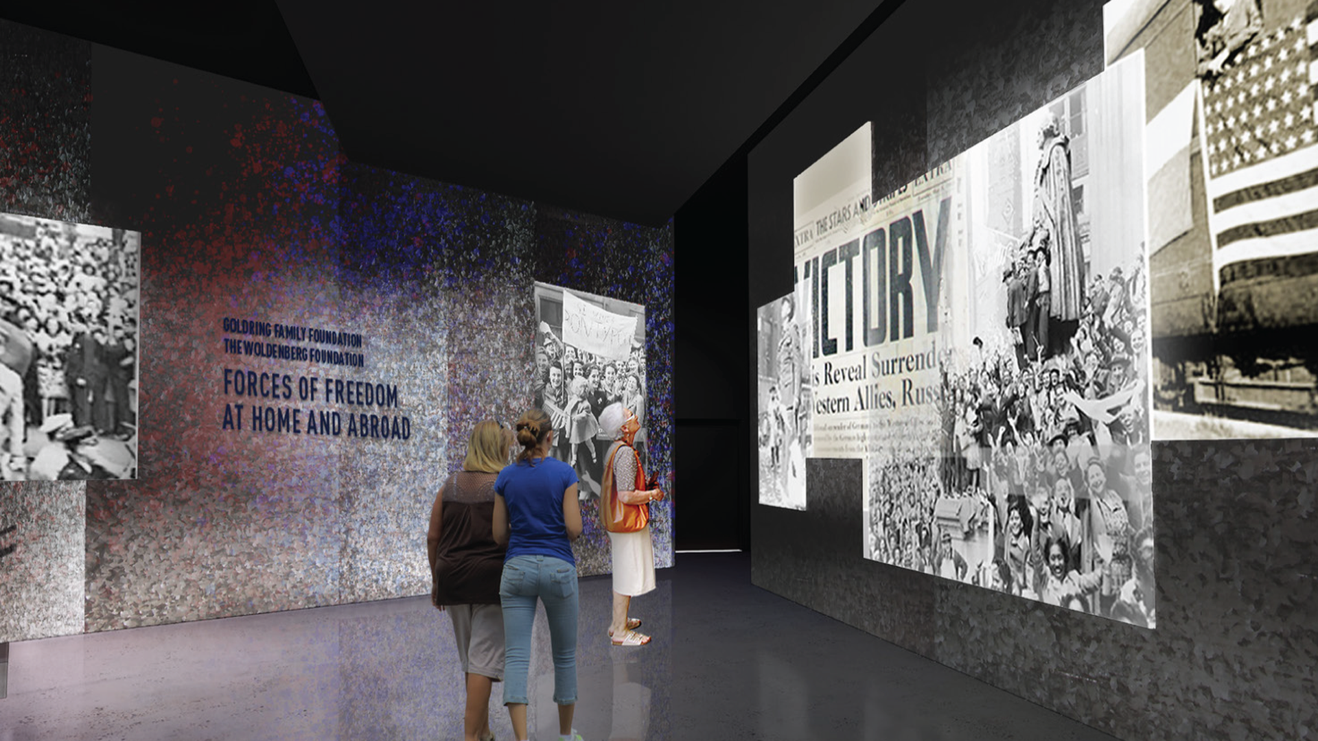 A rendering of a WWII Museum exhibit. In it, three people look up at black and white images displayed on a wall, including a newspaper clipping that reads "Victory."