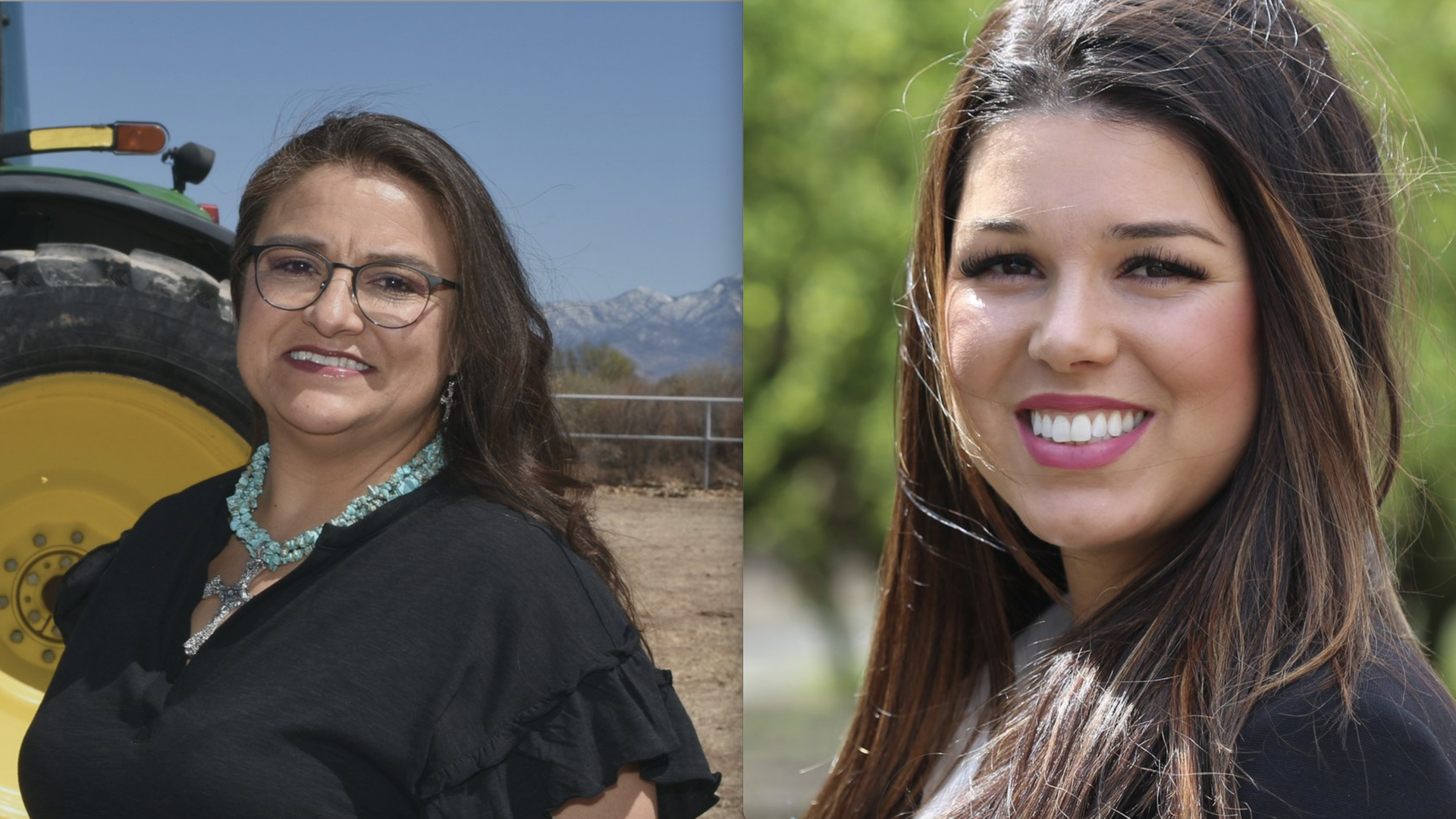Newly elected Republican state lawmaker Tanya Mirabal Moya of New Mexico stands in front of a tractor.