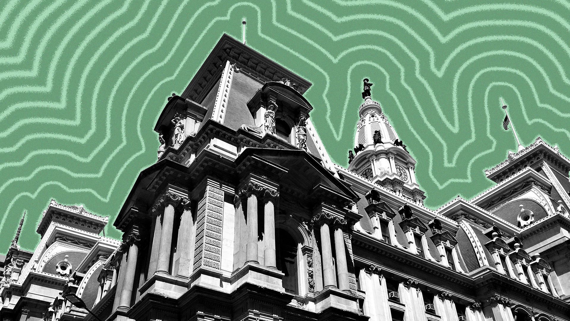 Illustration of Philadelphia City Hall with lines radiating from it.