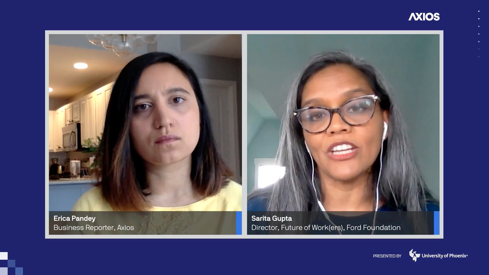 Screenshot of an Axios virtual event with Axios' Erica Pandey on the left and Ford Director of Future of Work Sarita Gupta on the right