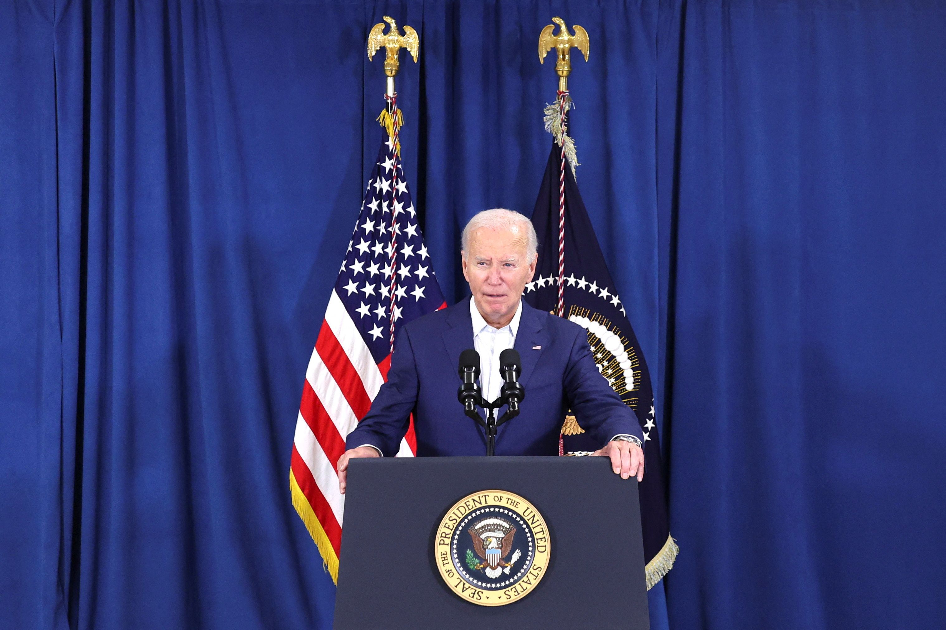U.S. President Joe Biden delivers remarks following the incident that occurred at a campaign rally for former U.S. President Donald Trump, in Rehoboth Beach, Delaware