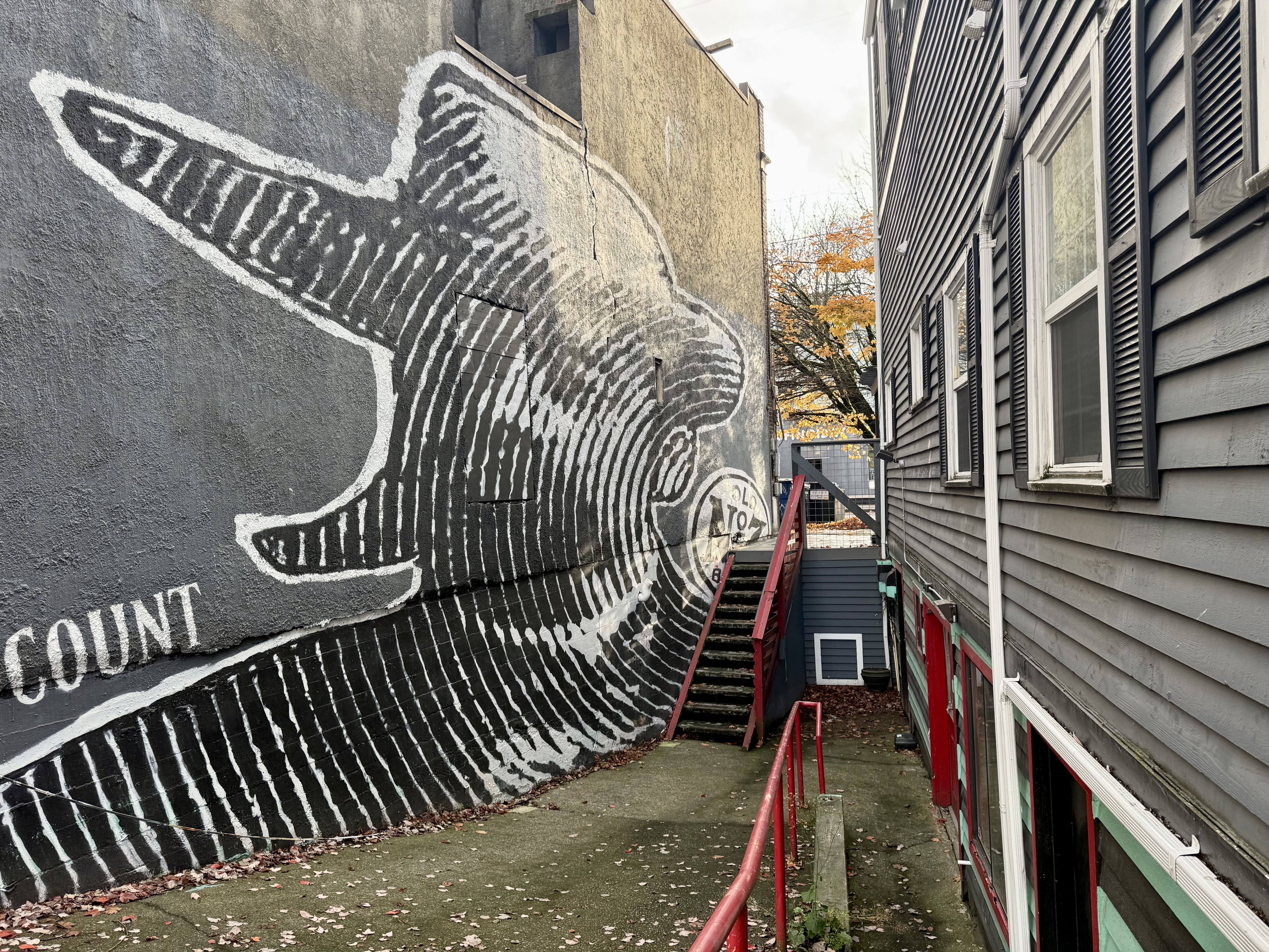 Outdoor alley with gray buildings, a large black and white mural of a man with a hat and mustache on the left wall, red railings, a staircase, and some autumn leaves on the ground.
