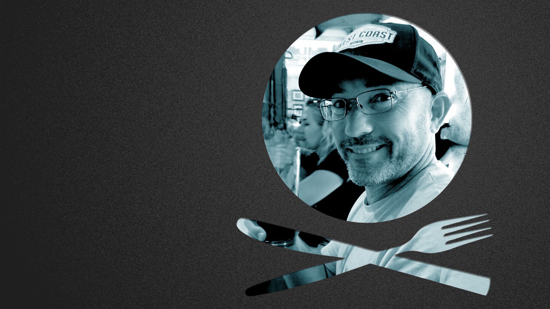 Photo illustration of a place setting shaped like a skull and crossbones containing a photo of Wade Tatangelo.