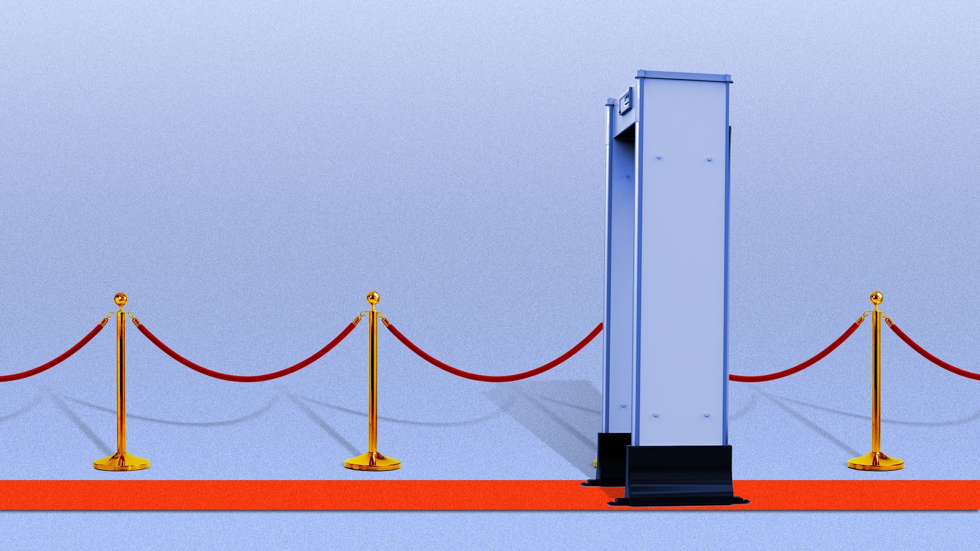 Illustration of a walk-through metal detector on a red carpet with velvet ropes