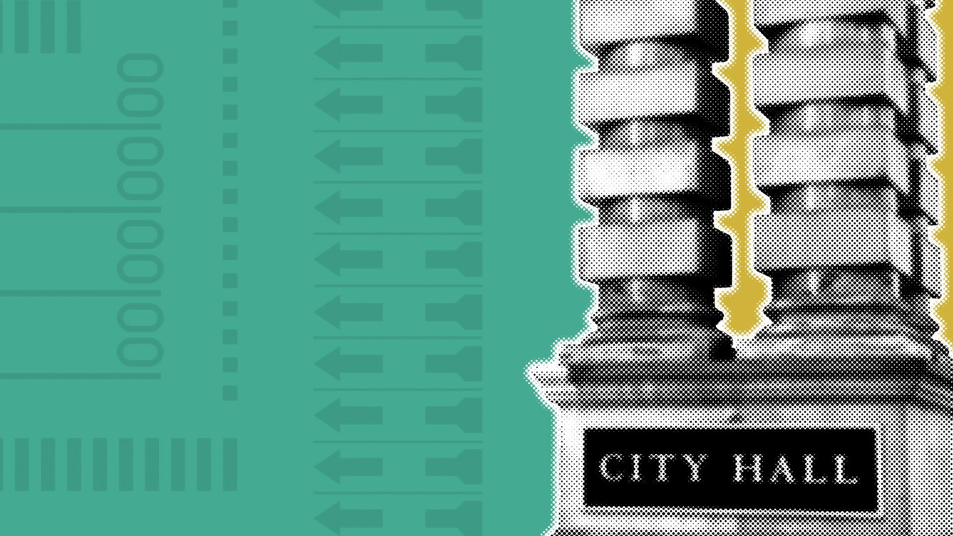 Illustration of the columns at the entrance of Portland City Hall over a gold and green background with elements of ballots.