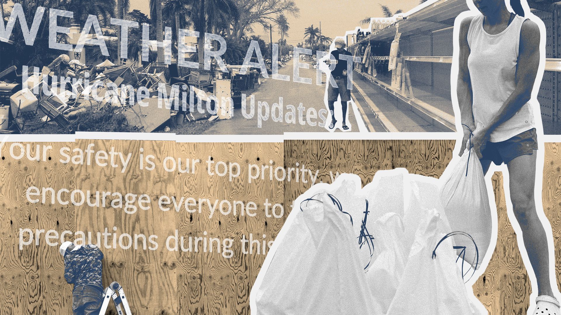 Photo illustration of Floridians boarding windows, carrying sandbags and browsing empty grocery shelves with hurricane debris in the background.