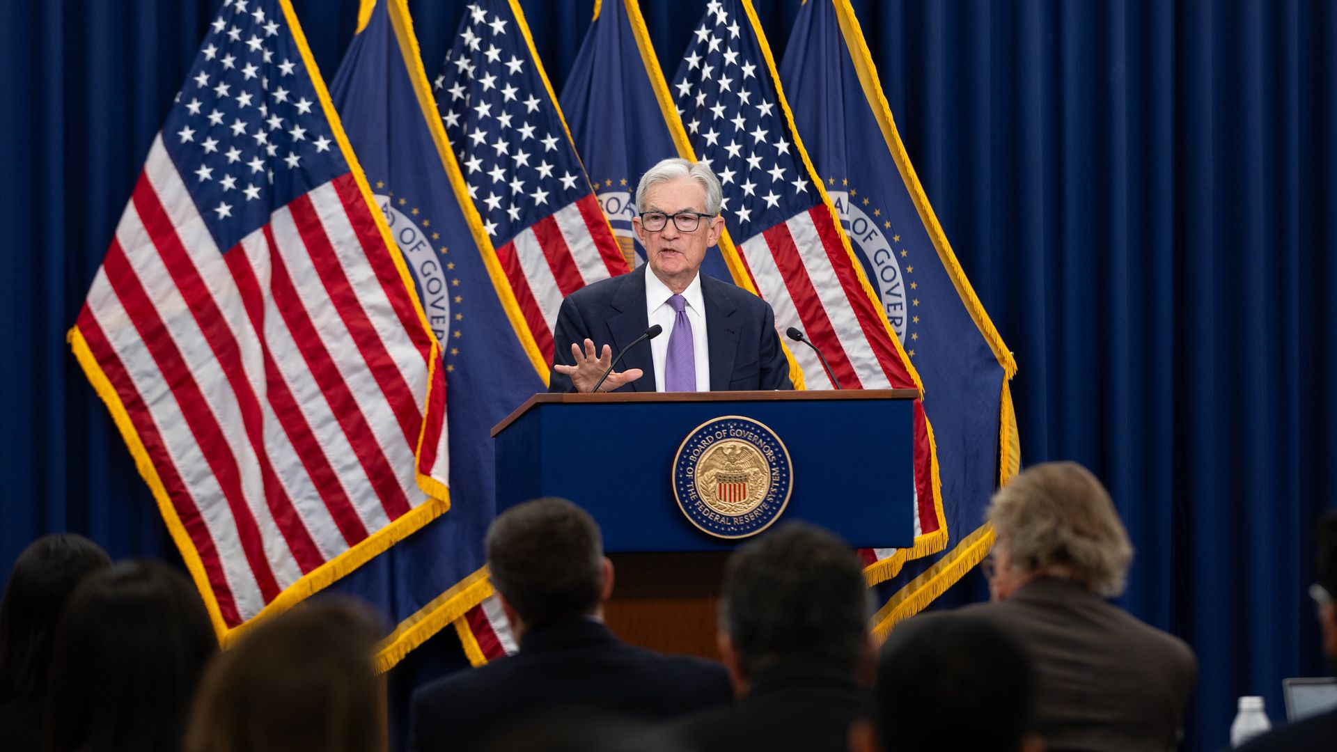 Fed chair Jerome Powell speaks to reporters