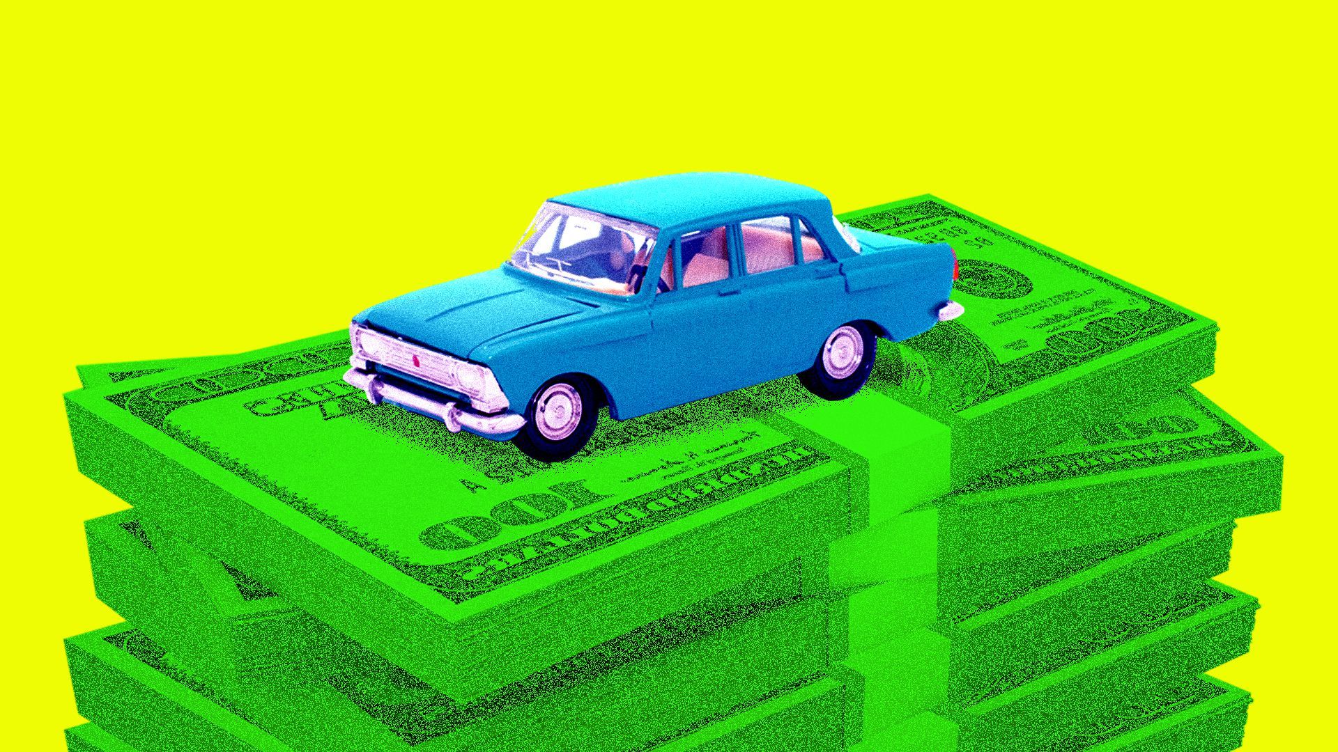 A blue car sits atop a pile of money