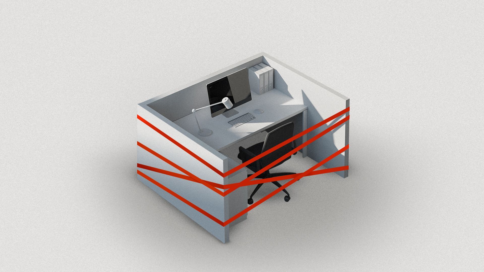 Illustration of a cubicle wrapped up in red tape. 