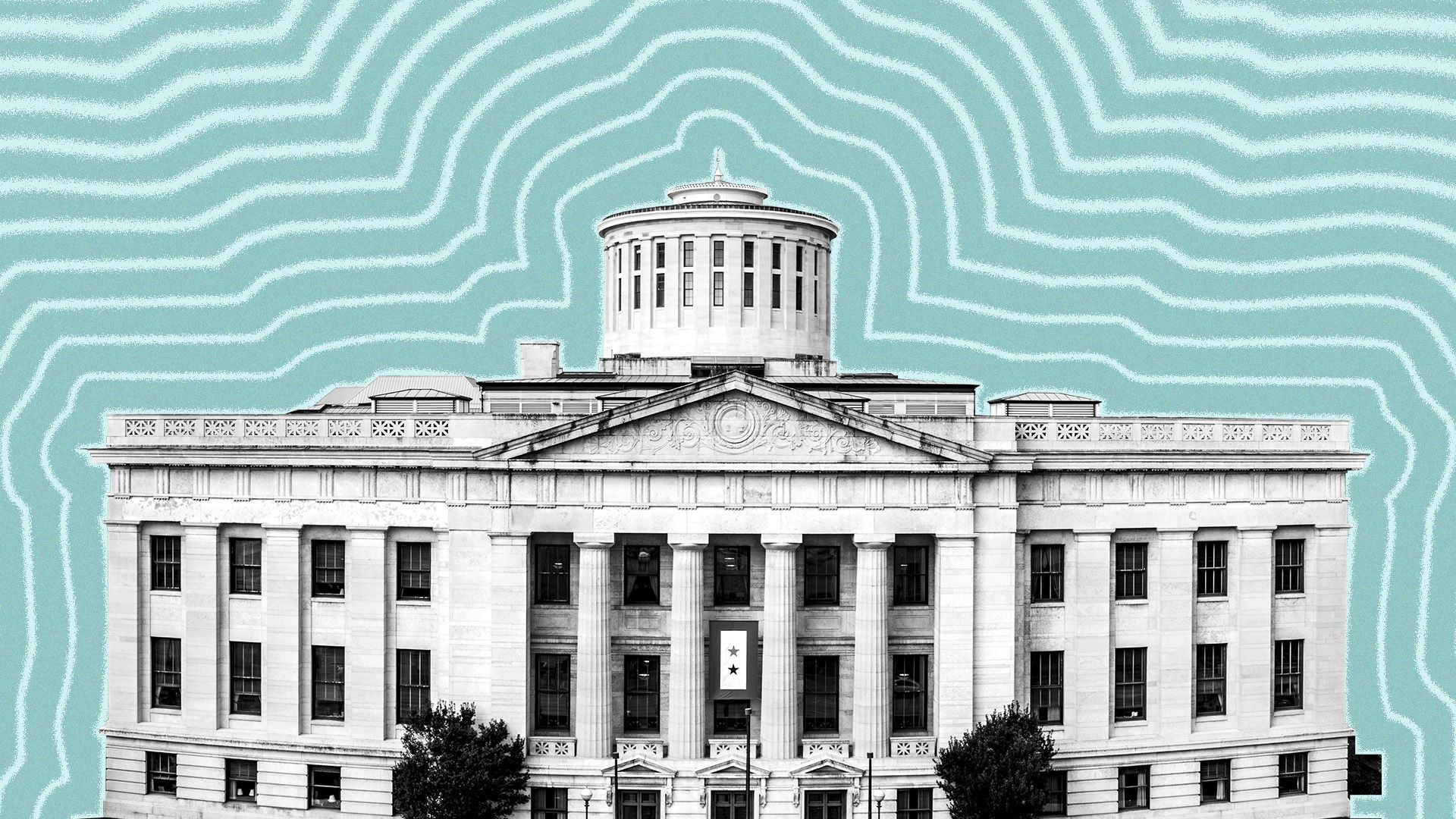 Illustration of the Ohio State Capitol with lines radiating from it.