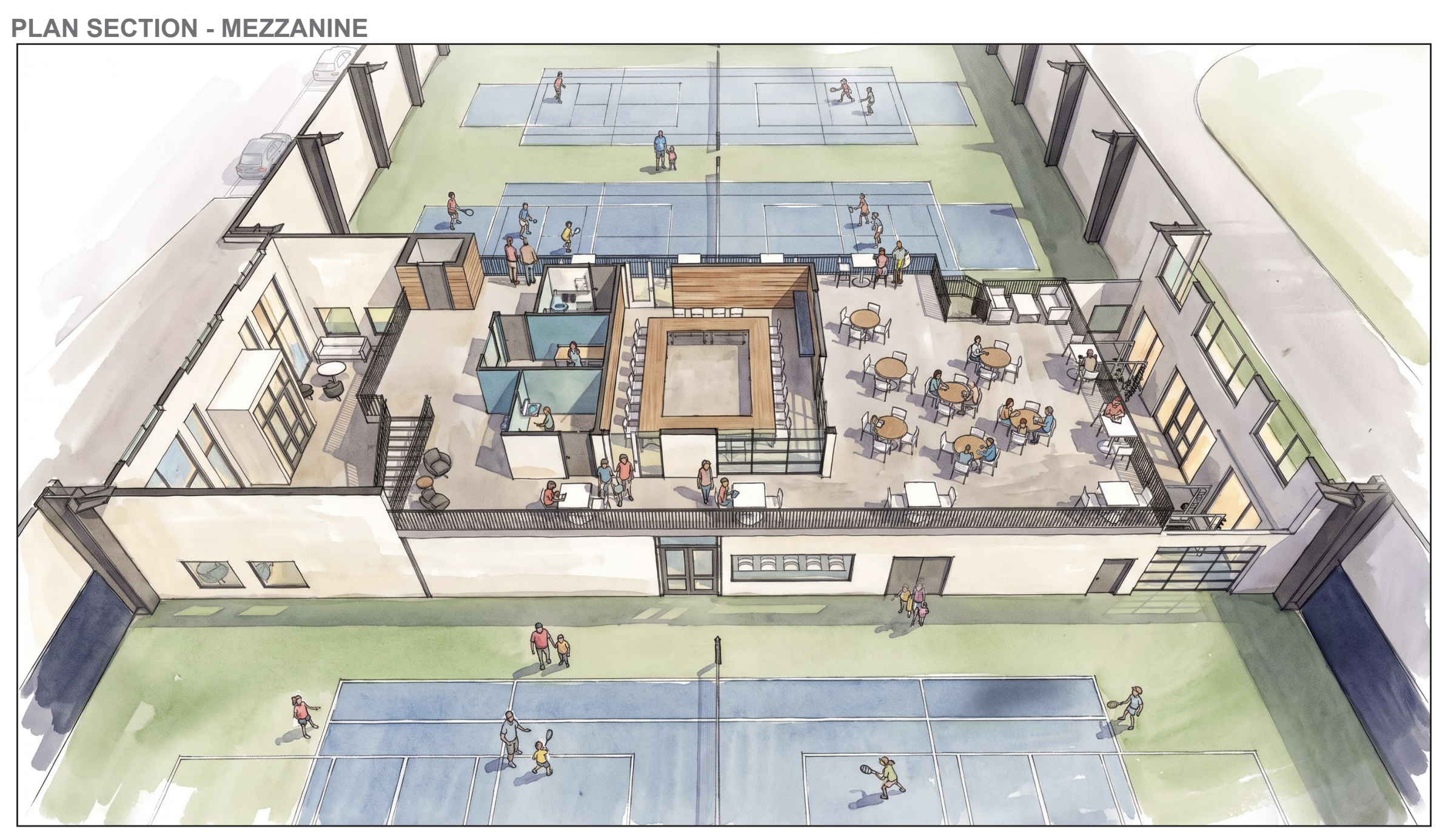 Isometric plan of a modern building with a mezzanine showing blue indoor tennis courts, players, seating and cafe areas, stairs and offices, and surrounding green lawn with exterior parking.