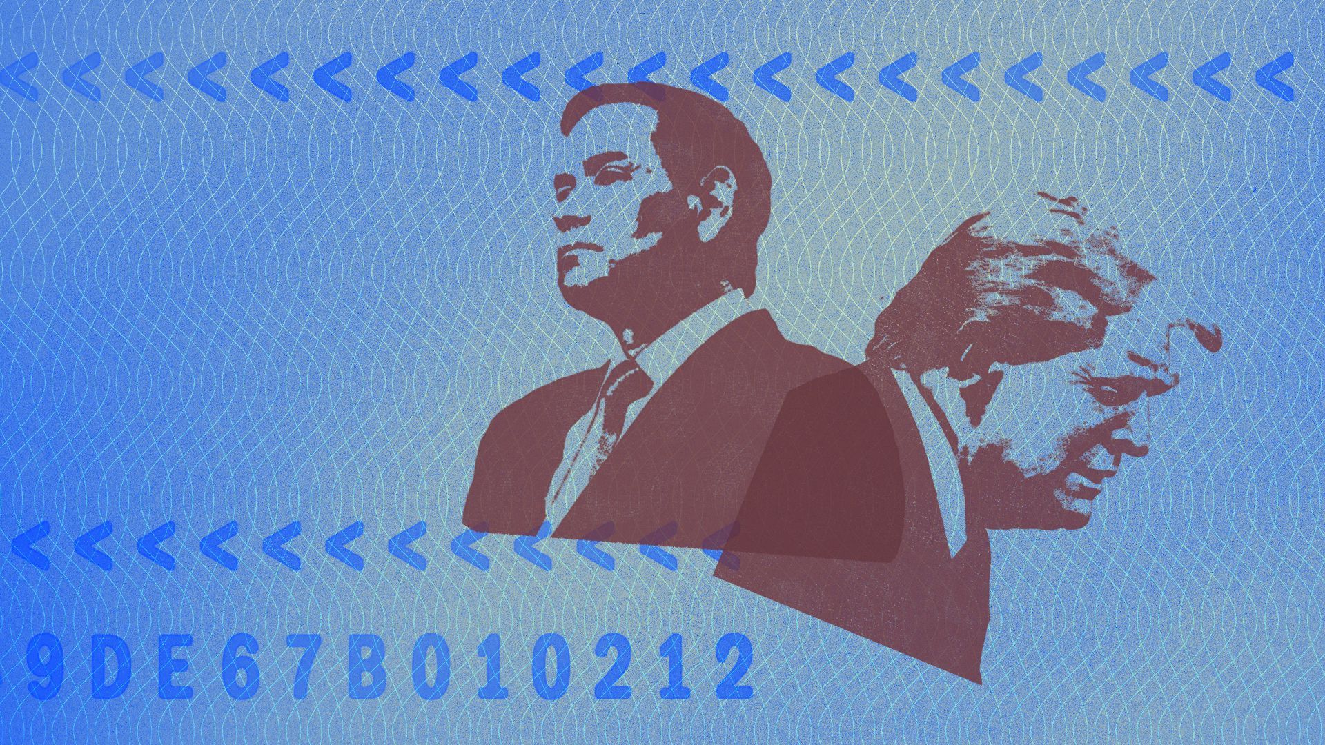 Photo illustration of a collage featuring stamps of Marco Rubio and Donald Trump over paper textured like a passport or visa.