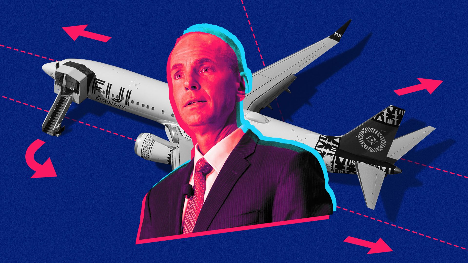 Photo illustration of Boeing CEO Dennis Muilenburg and a Boeing 737 MAX on a runway.