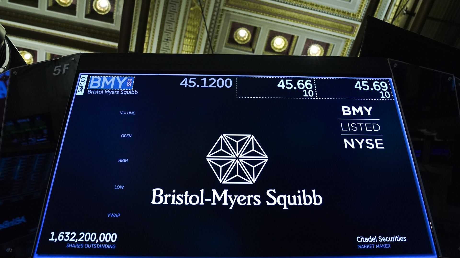 The Bristol-Myers Squibb logo on a computer screen in Wall Street