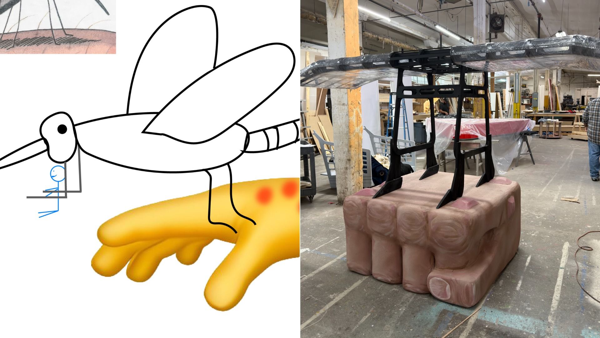 Split image: left shows a black-outline cartoon bird perched above oversized yellow fingers with a tiny blue stick figure; right shows a workshop with a foam sculpture on a pink base and overhead rigging.