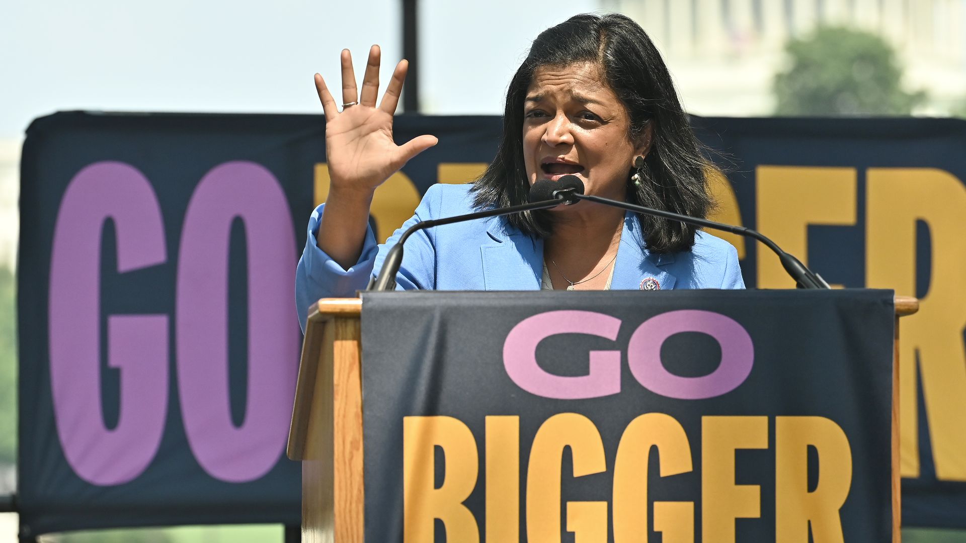 Rep. Pramila Jayapal is seen during a news conference in July.