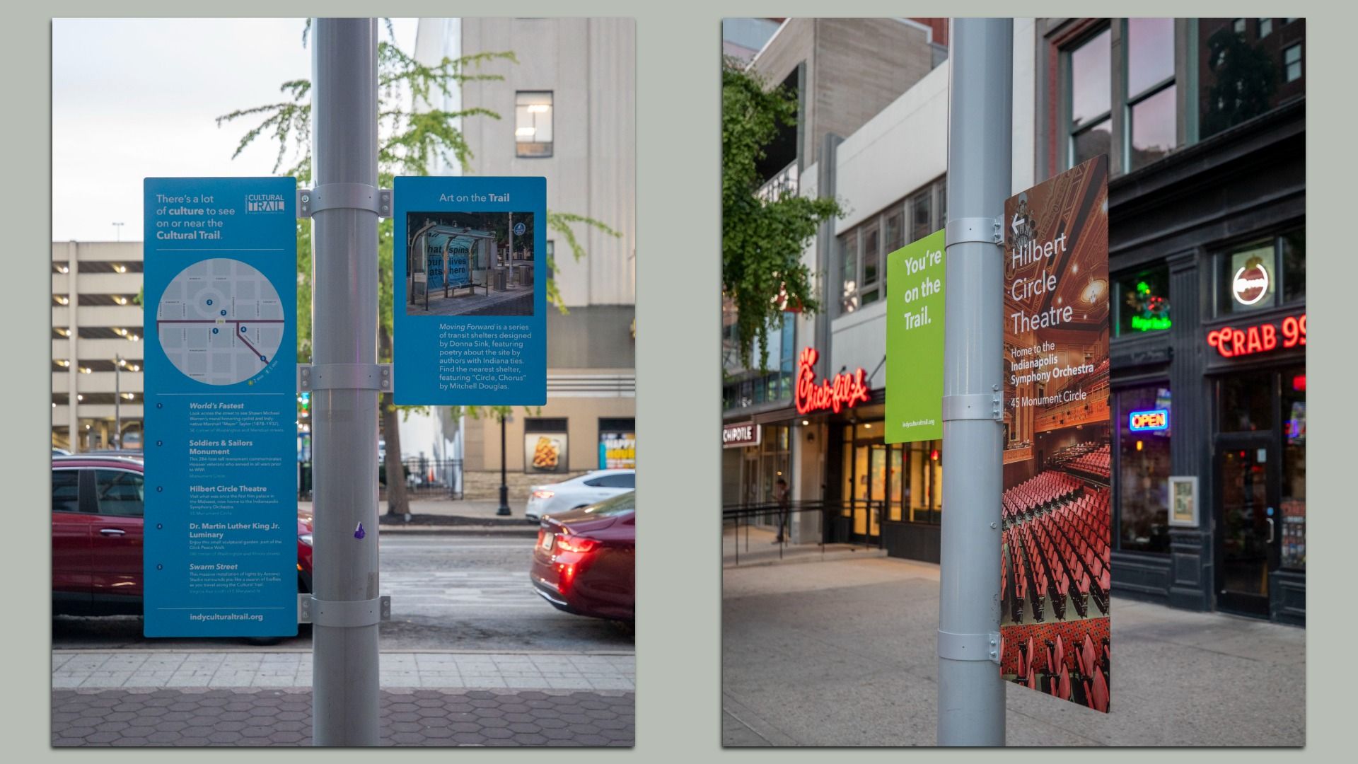 Urban street scene with sign posts: blue Cultural Trail panels and map on the left; green "You're on the Trail" sign and a Hilbert Circle Theatre poster on the right near Chick-fil-A.