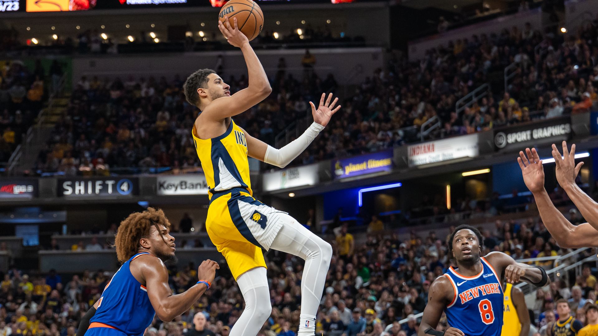 Tyrese Haliburton #0 of the Indiana Pacers shoots the ball during the game against the New York Knicks at Gainbridge Fieldhouse on November 10, 2024 in Indianapolis, Indiana. 