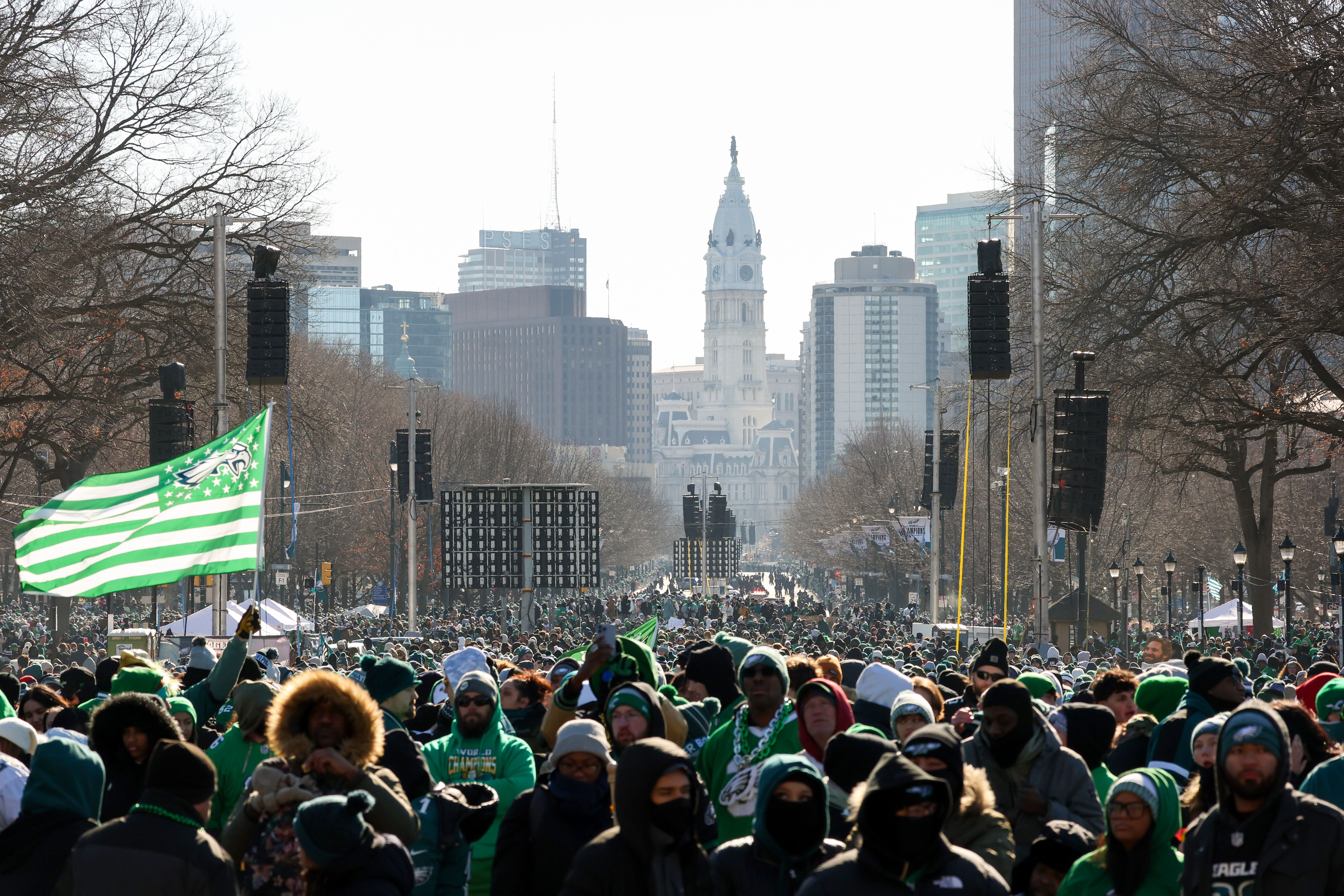 Massive crowds fill Ben Franklin Parkway all the way down toward City Hall.