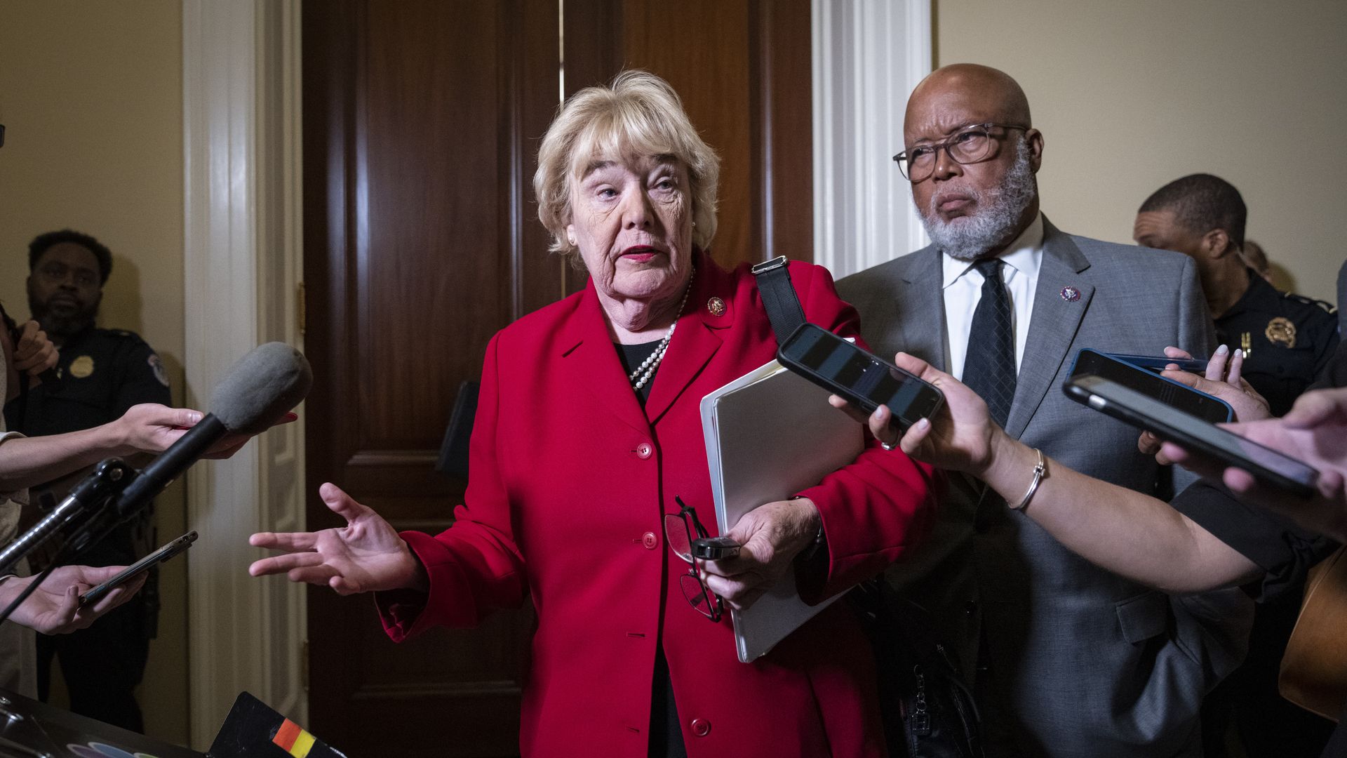 Reps. Zoe Lofgren and Bennie Thompson speak to reporters at the Capitol.