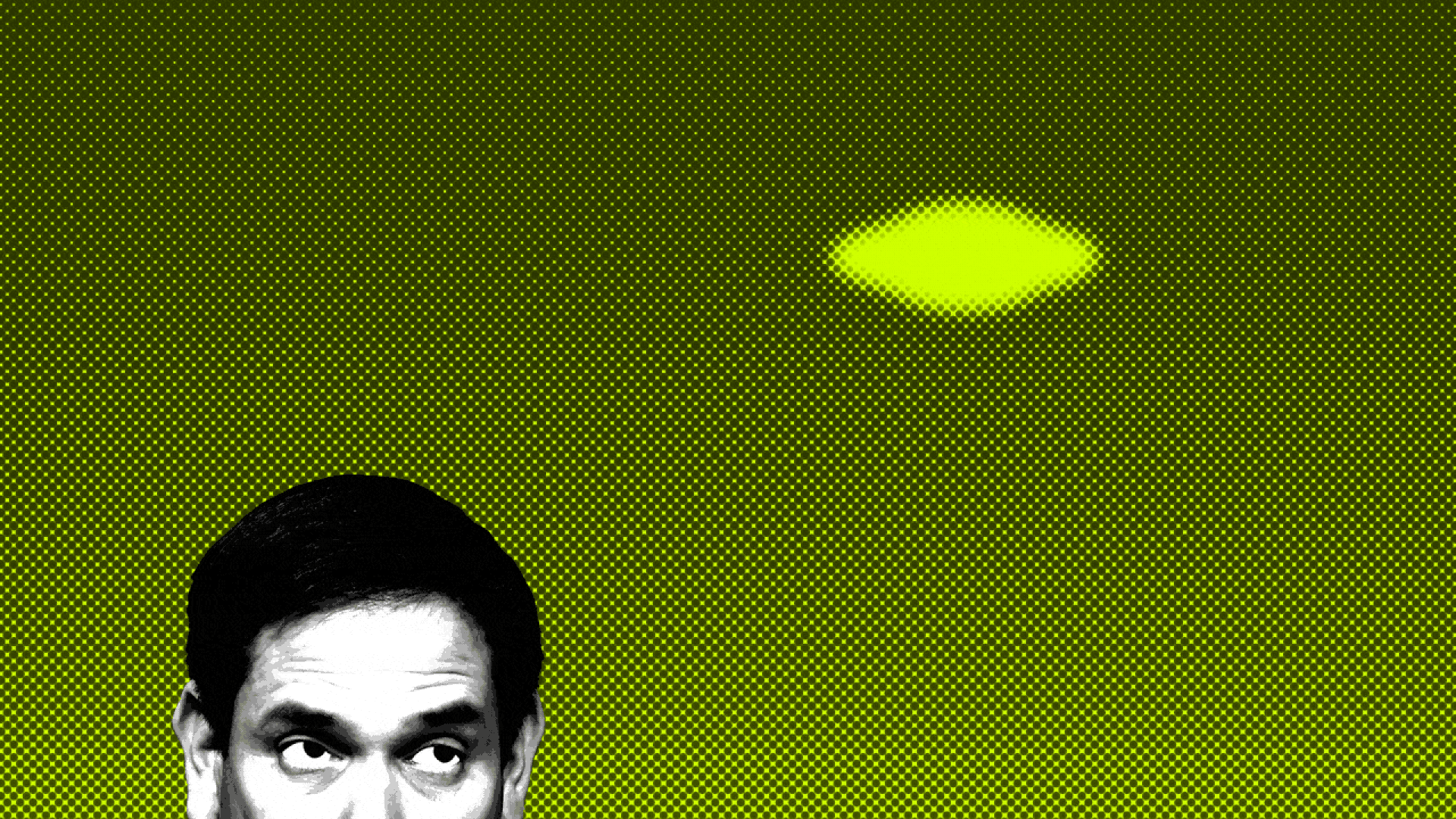 Illustration of a UFO flying around, and Sen. Marco Rubio watching it as it moves. 