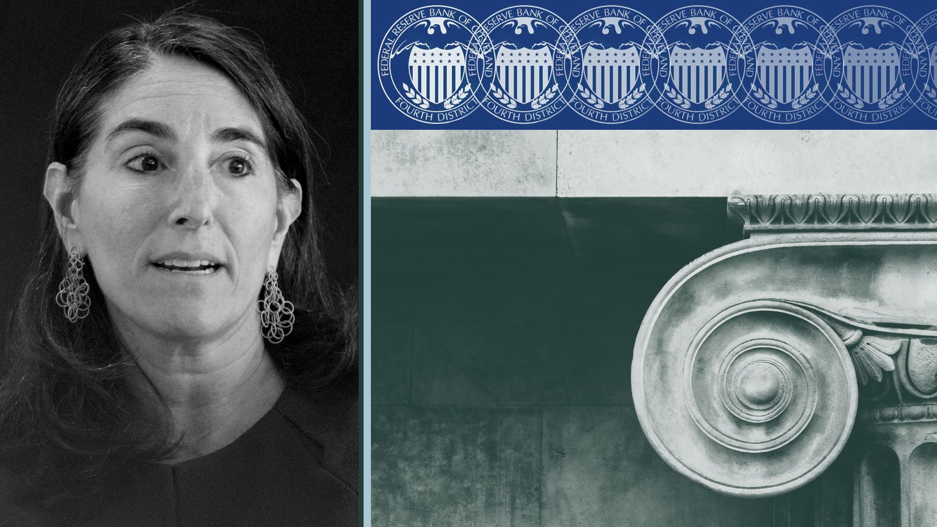 Photo illustration of Cleveland Fed president Beth Hammack surrounded by the Cleveland Fed logo and an abstract column. 