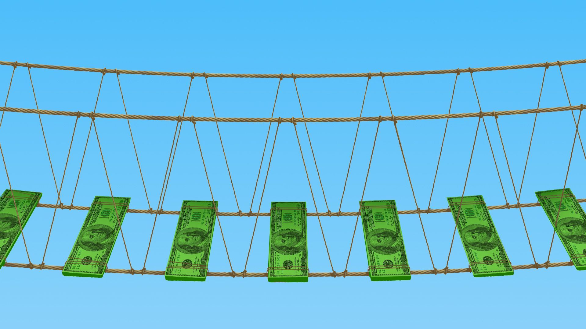 Illustration of a hanging bridge with the planks made of hundred dollar bills. 