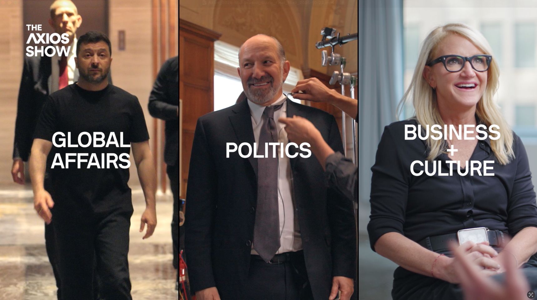 Three side-by-side images from The Axios Show featuring Zelensky, Howard Lutnick and Mel Robbins.