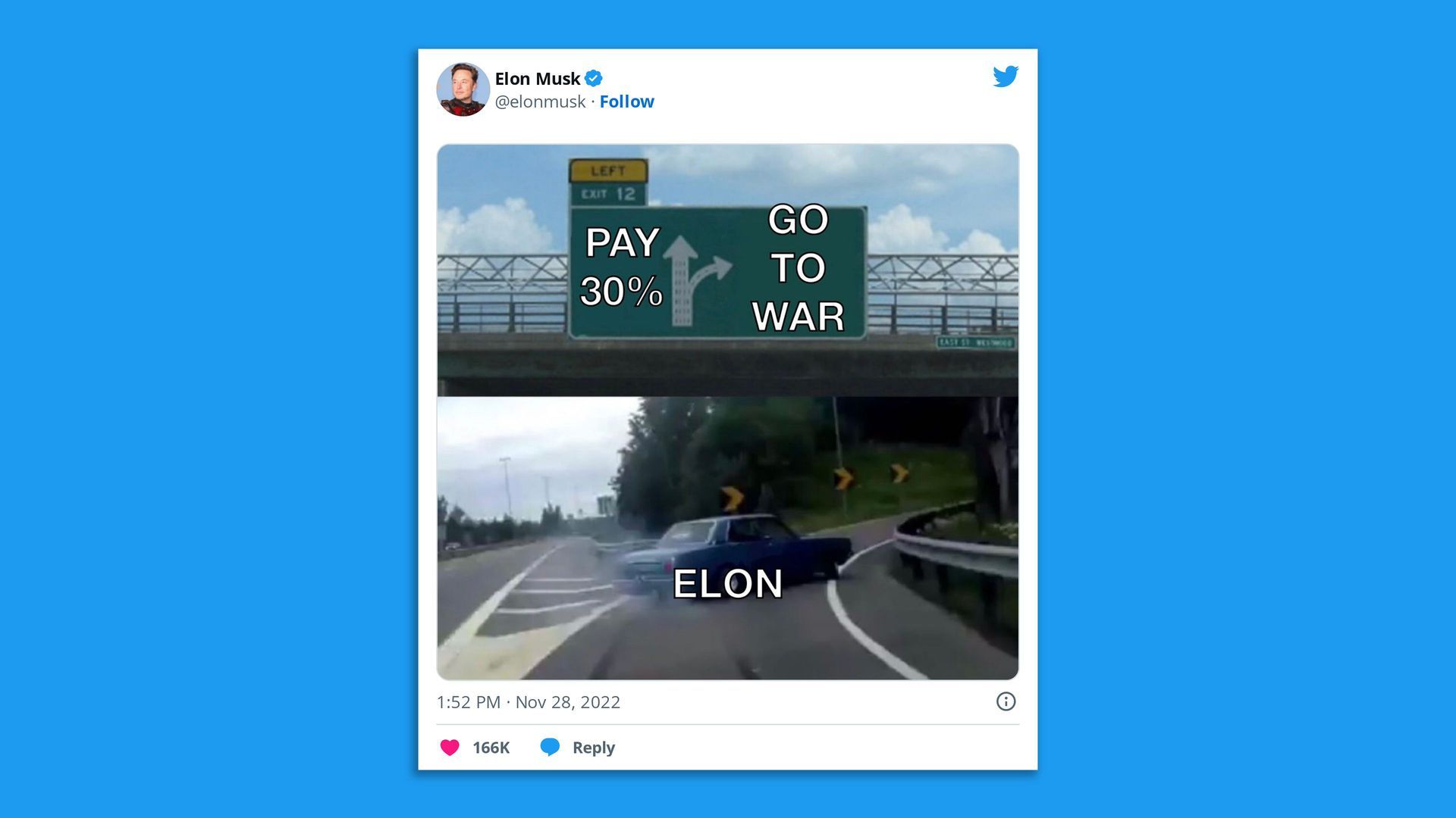An image of a tweet from Elon Musk suggesting he has the choice of paying Apple or going to war with them