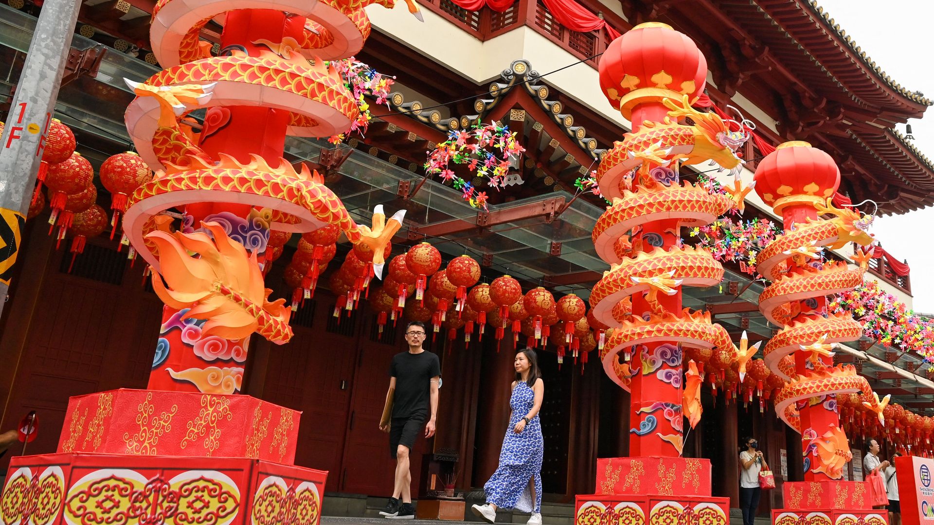 Colourful lanterns decorate the outside of Chinese temple ahead of the Lunar New Year in the Chinatown district of Singapore on January 4, 2023