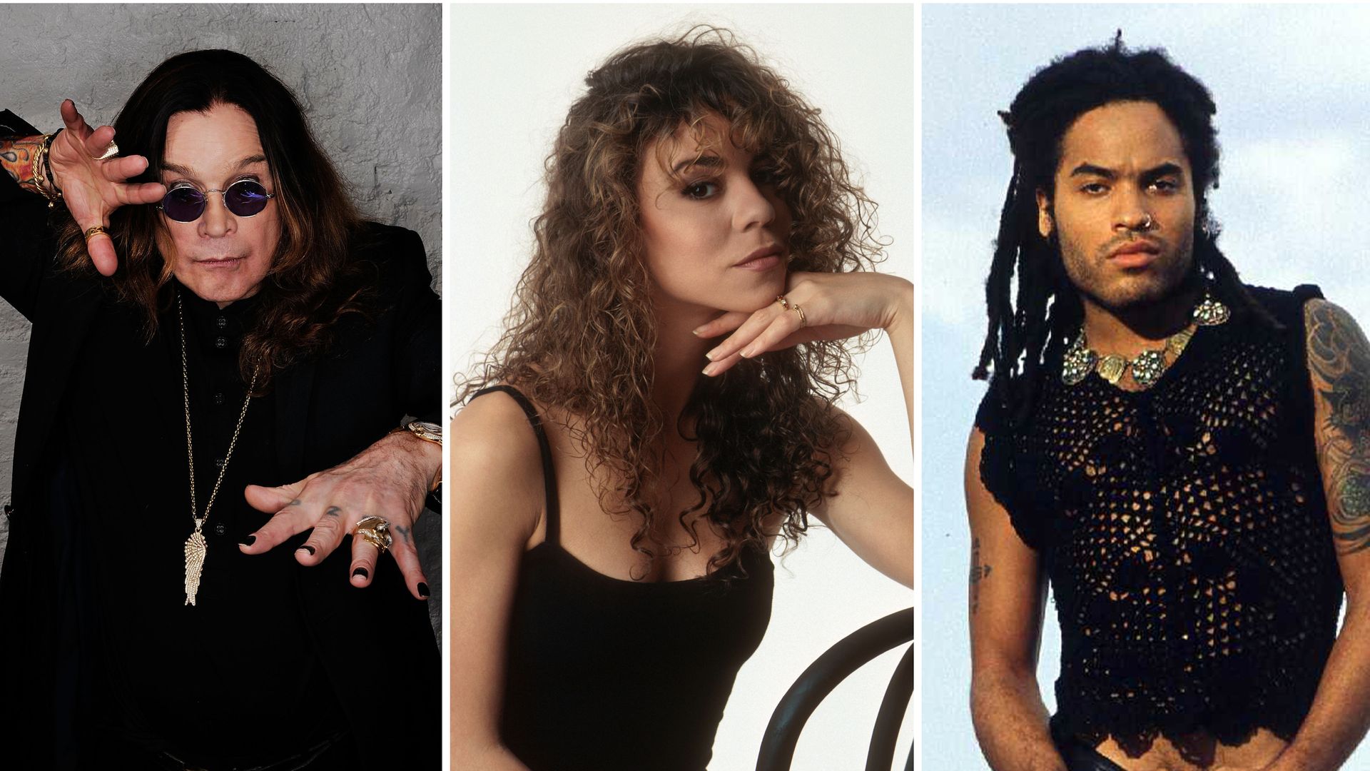 A collage of Ozzy Osbourne, Mariah Carey and Lenny Kravitz
