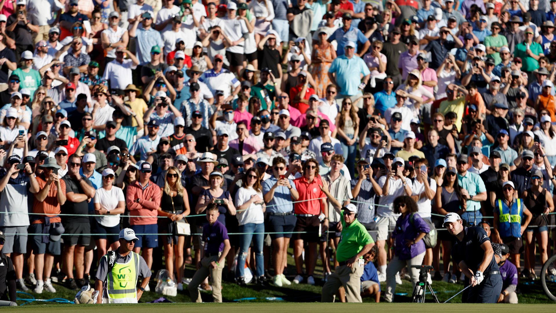 A large crowd watches as golfer Patrick Cantlay prepares to chip the ball