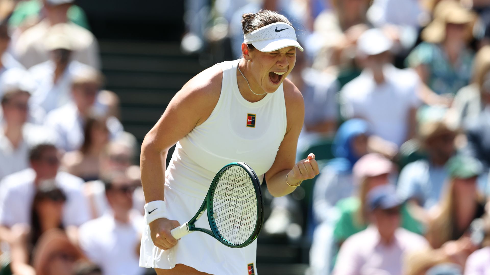 LONDON, ENGLAND - JULY 10: Amanda Anisimova (USA) [13] celebrates during her Ladies' Singles Semi-Final match against Ayrna Sabalenka [1] during day eleven of The Championships Wimbledon 2025 at All England Lawn Tennis and Croquet Club on July 10, 2025 in London, England. (Photo by Rob Newell - Came