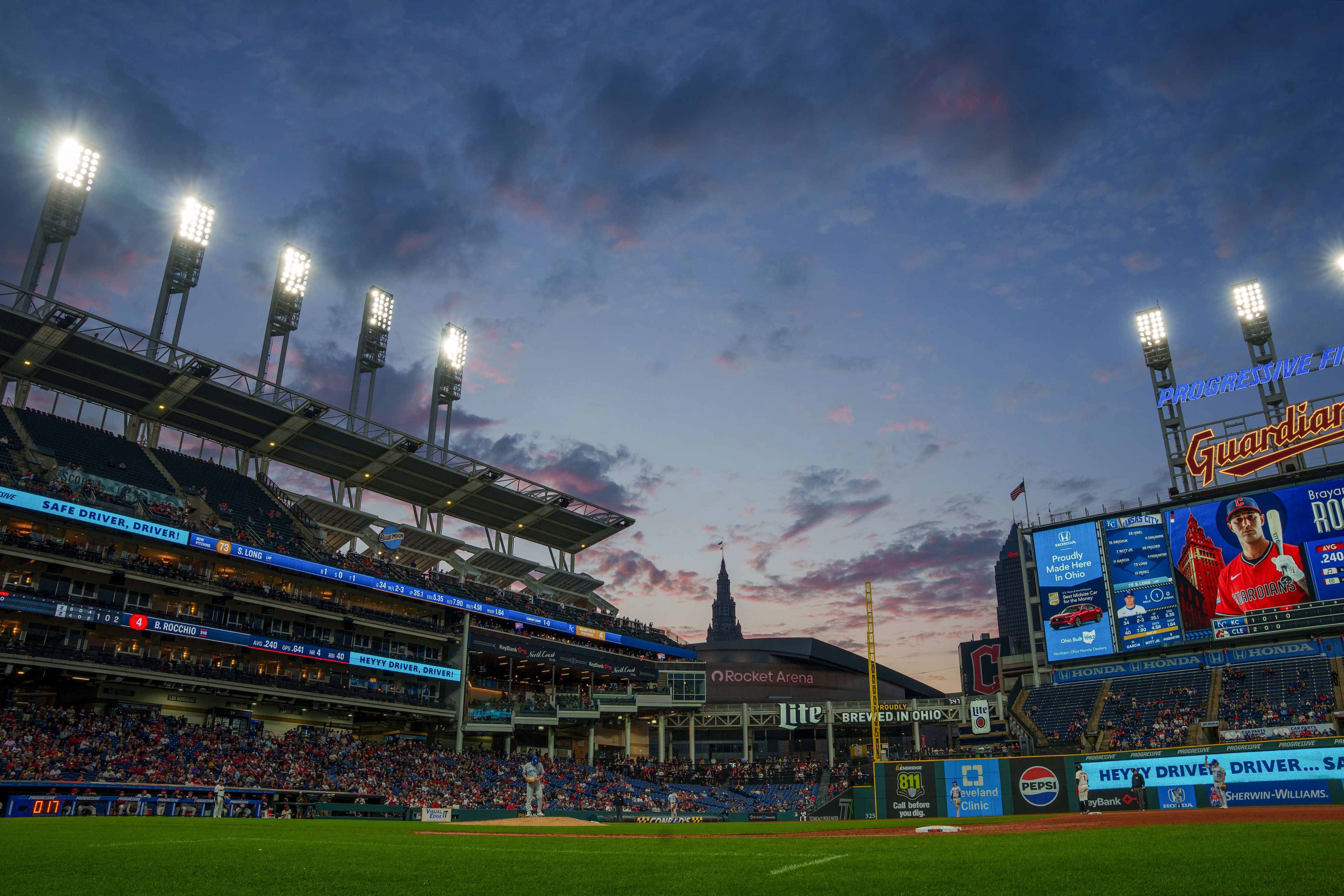 Sunset at a baseball stadium
