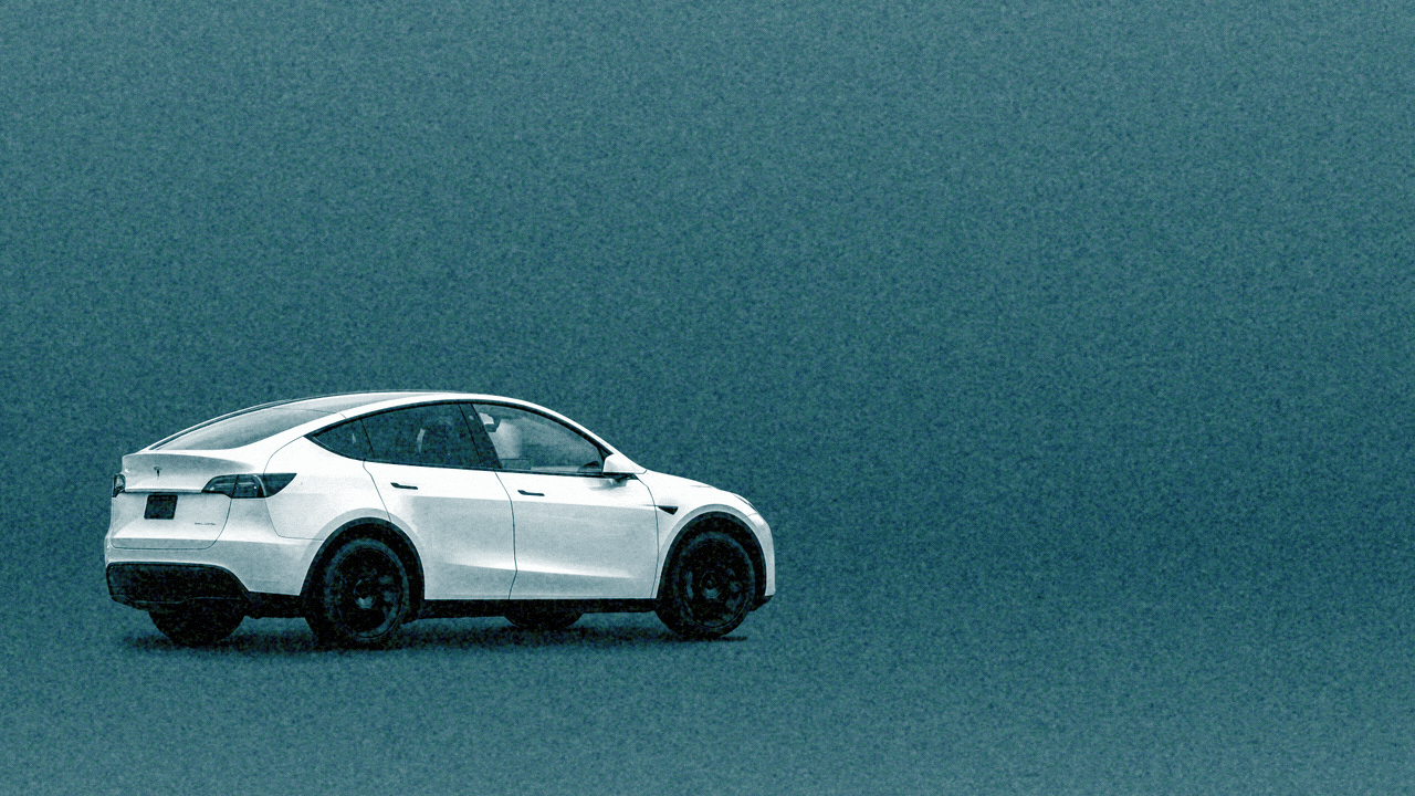 Animated photo illustration of a Tesla Model 3 car that becomes enveloped in rocket exhaust smoke.