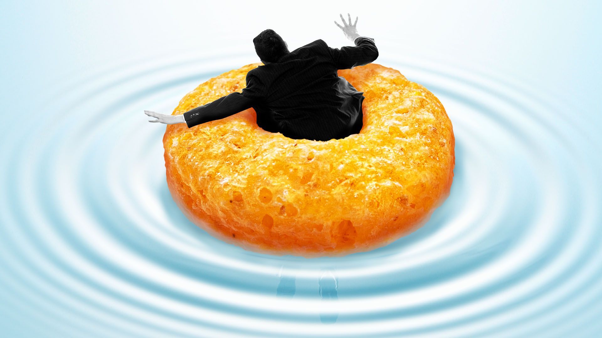 Illustration of a man in a business suit in the middle of a giant fruit loop in milk