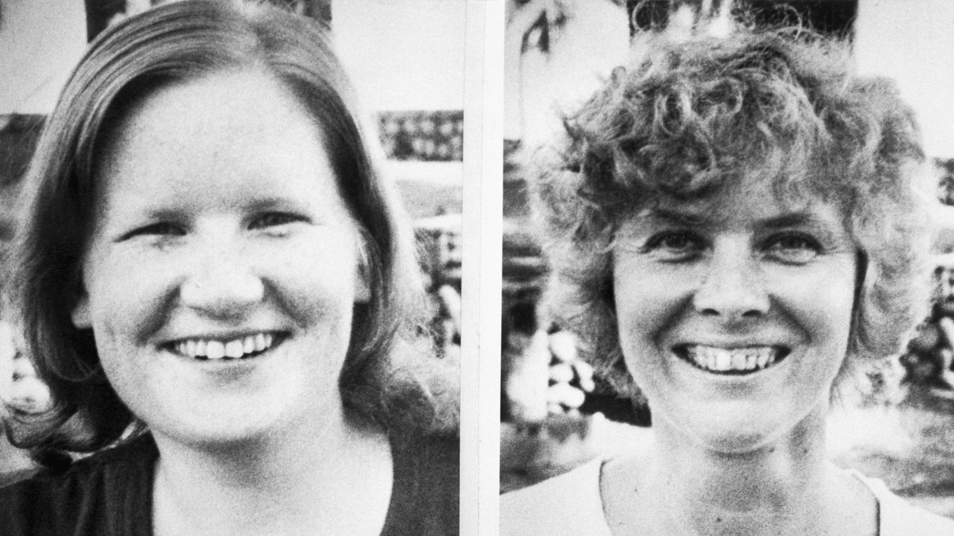 Side by side black and white photos of women, the one on the left with straight medium-length hair and large nose; the one one the right with short curly hair and prominent gums.