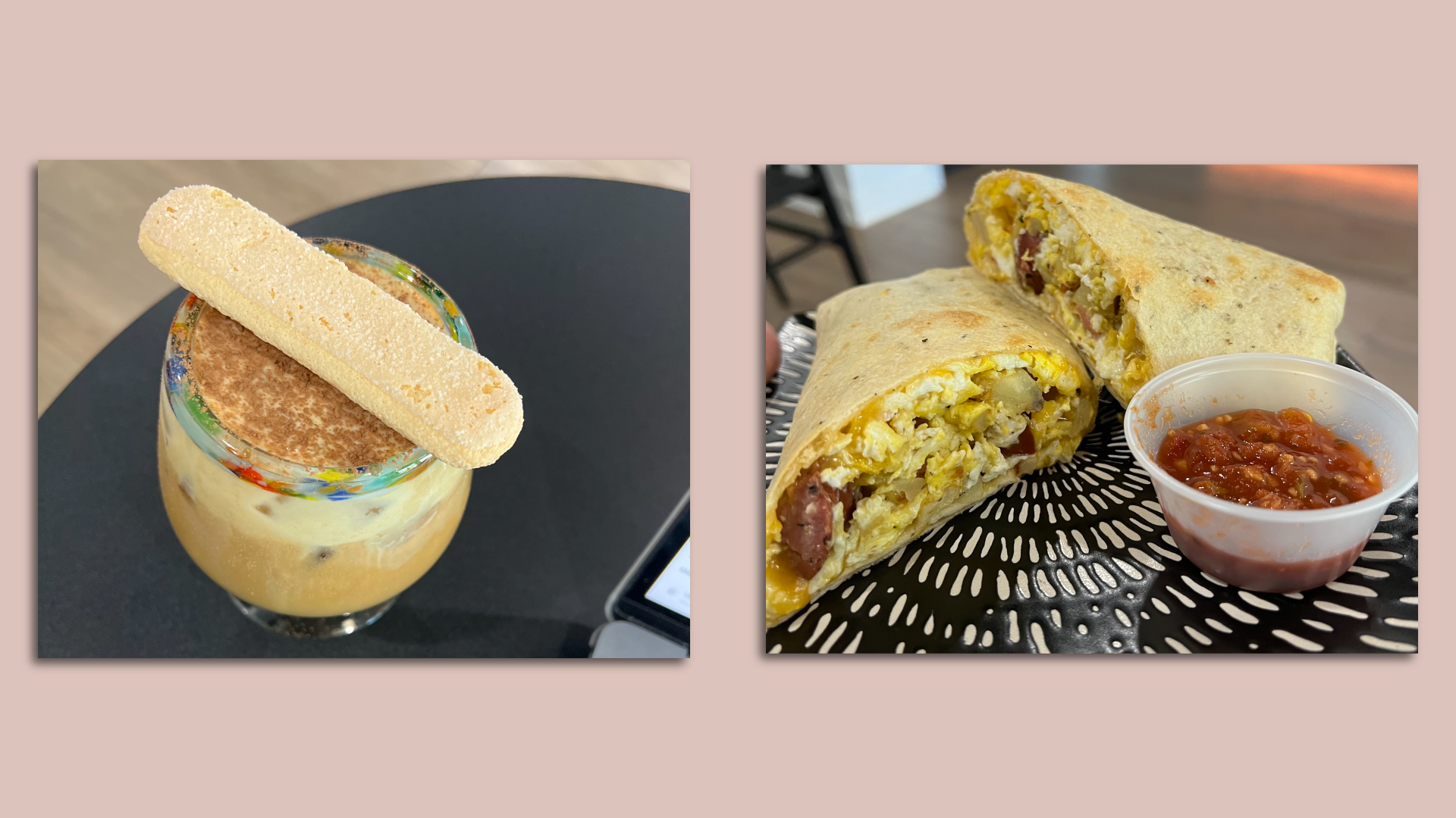 Side-by-side image showing a latte topped with a cookie and a burrito filled with an egg mixture.