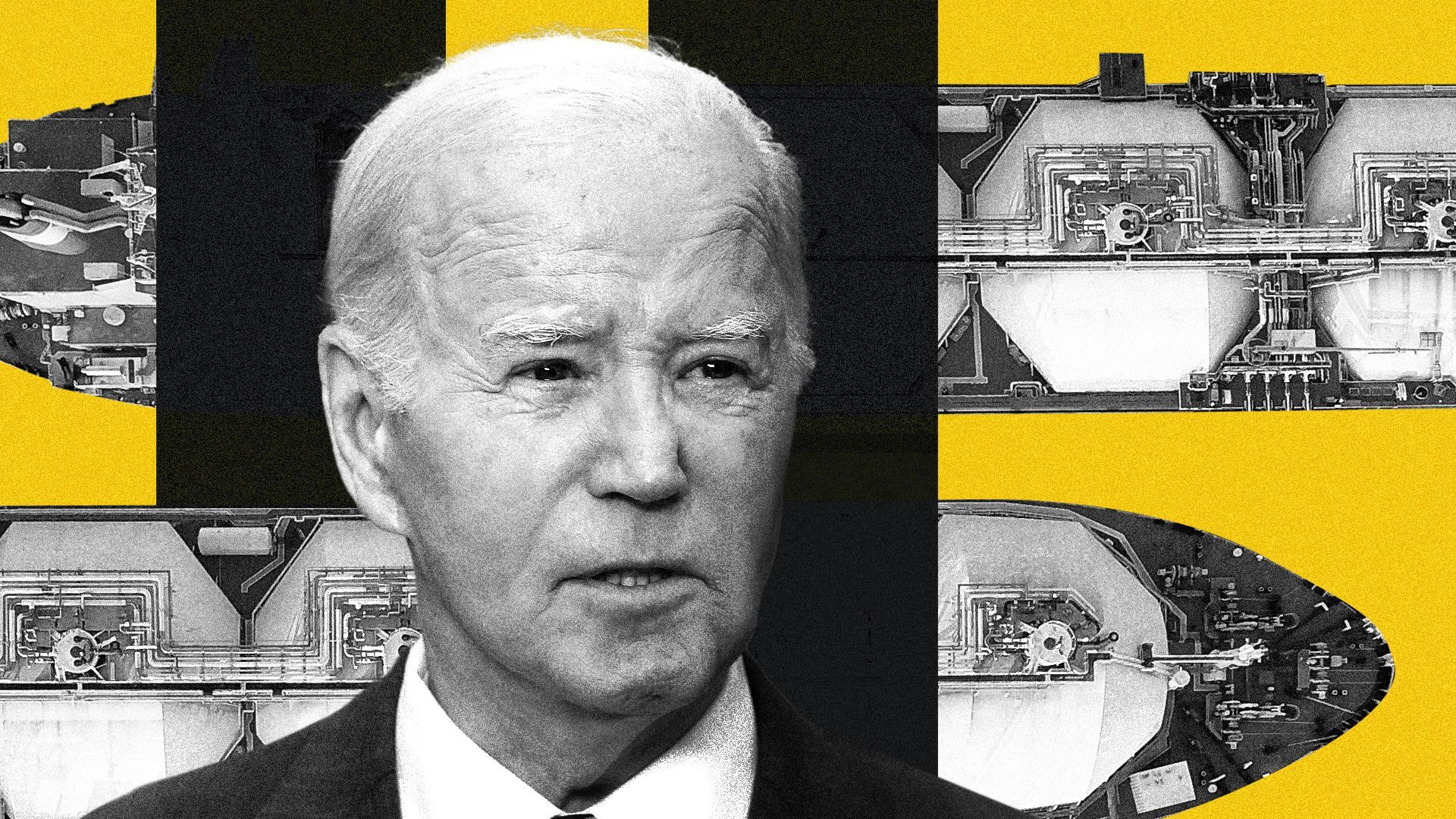 Photo illustration of Joe Biden with two liquid natural gas tankers behind him 