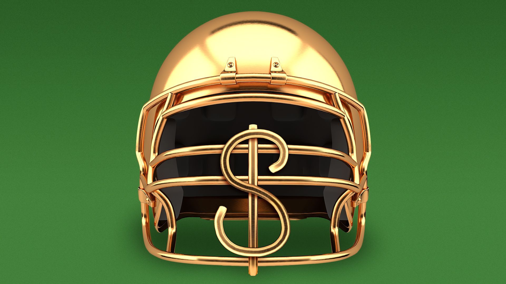 Illustration of a golden football helmet with a front grill shaped like a dollar bill sign