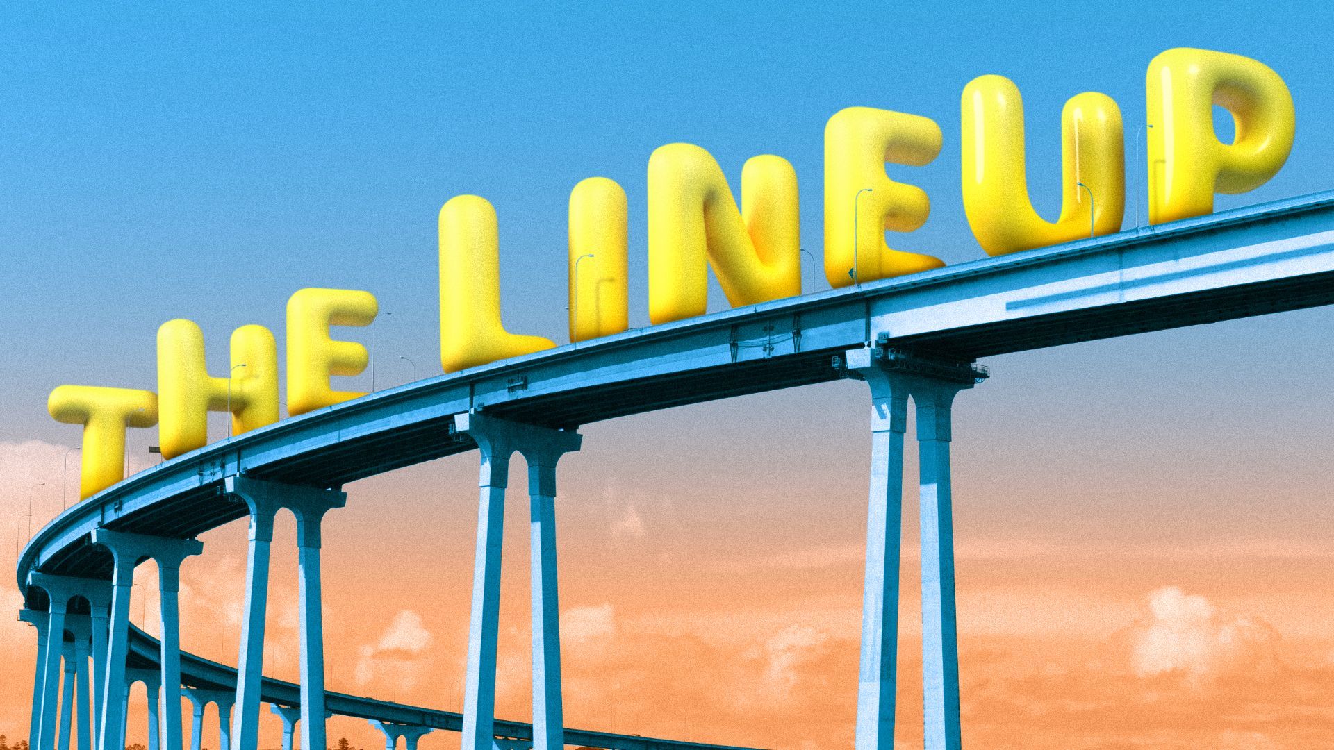 Illustration of 3D lettering that reads "The Lineup" on the Coronado Bridge.