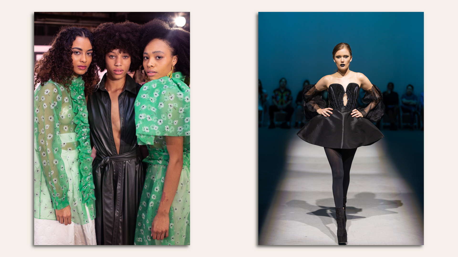 Three women model in a group setting on one side of the image, while a woman wearing an all-black outfit walks a runway on the other side.